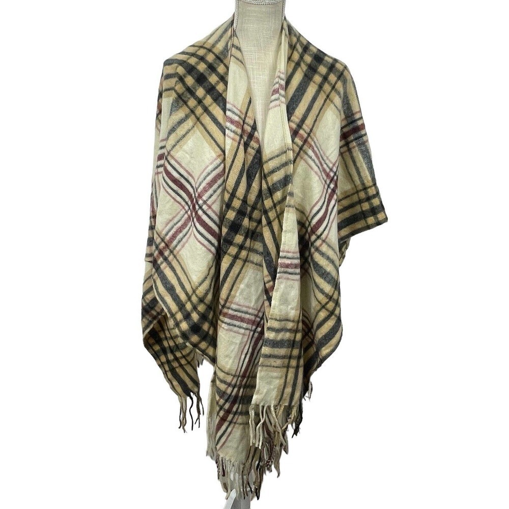 Woolrich Plaid Wrap Shawl Fringe Trim Earthtones Viscose Blend Womens One Size